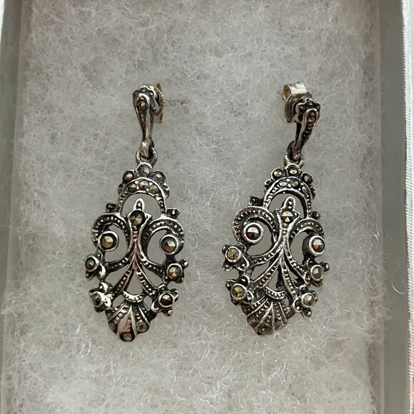 Vintage Sterling Silver Marcasite Drop Earrings - Picture 5 of 5